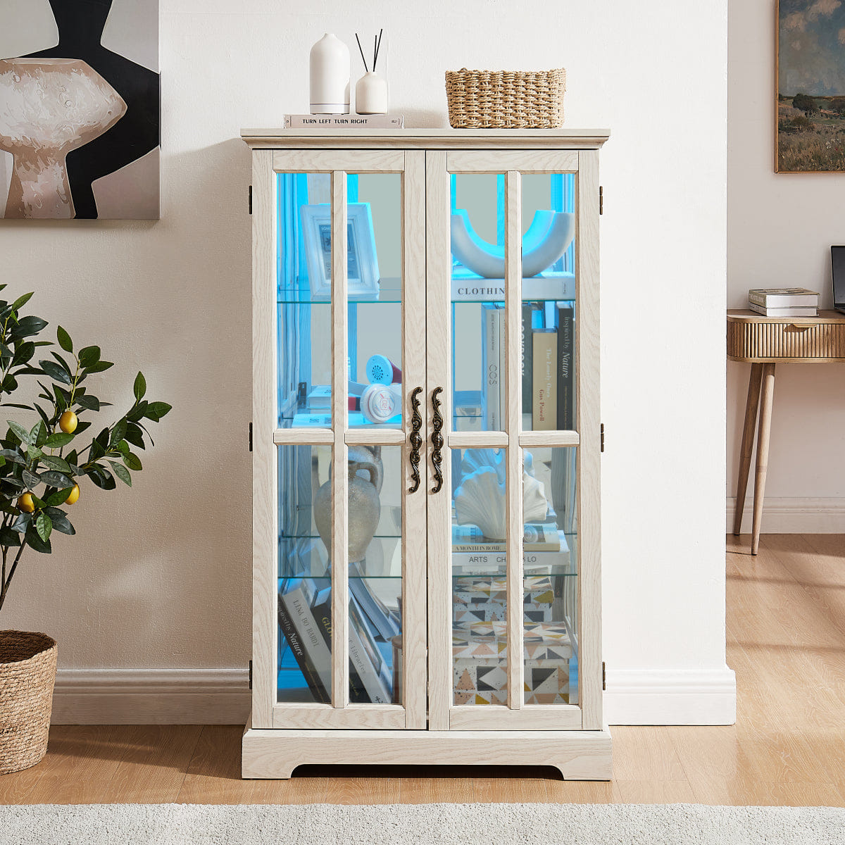 WHITE* Streamdale White Double Glass Door Tall Cabinet with RGB Lights and 3 Shelves
