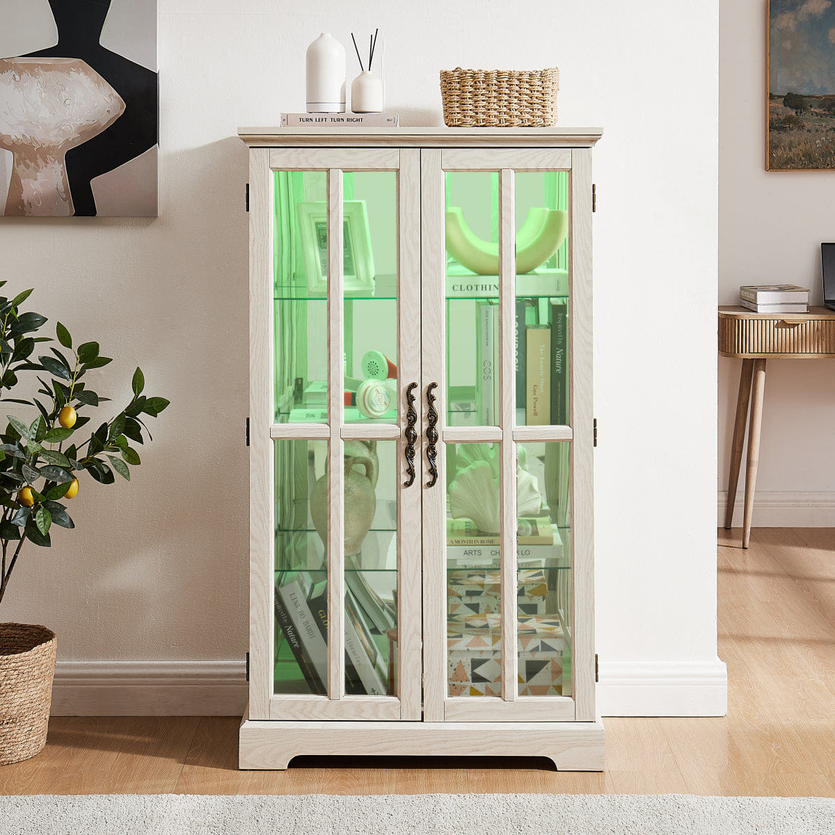 WHITE* Streamdale White Double Glass Door Tall Cabinet with RGB Lights and 3 Shelves
