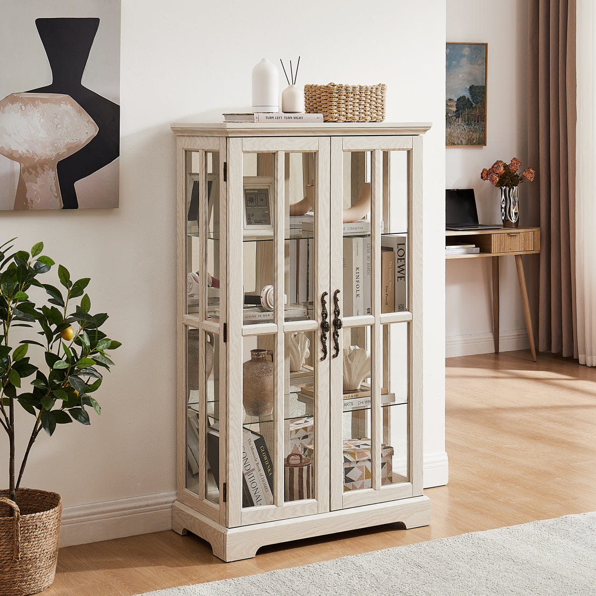 WHITE* Streamdale White Double Glass Door Tall Cabinet with RGB Lights and 3 Shelves