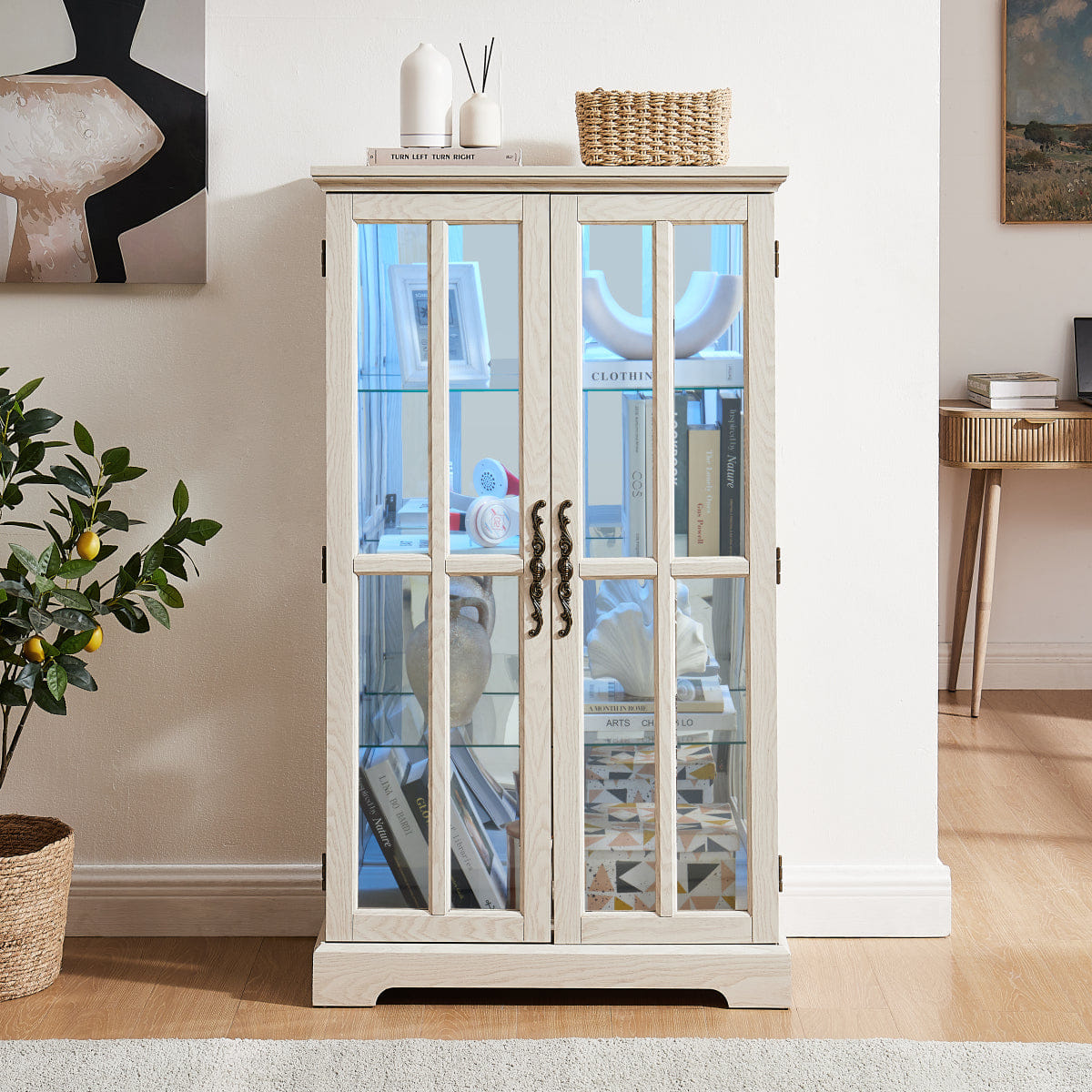 WHITE* Streamdale White Double Glass Door Tall Cabinet with RGB Lights and 3 Shelves