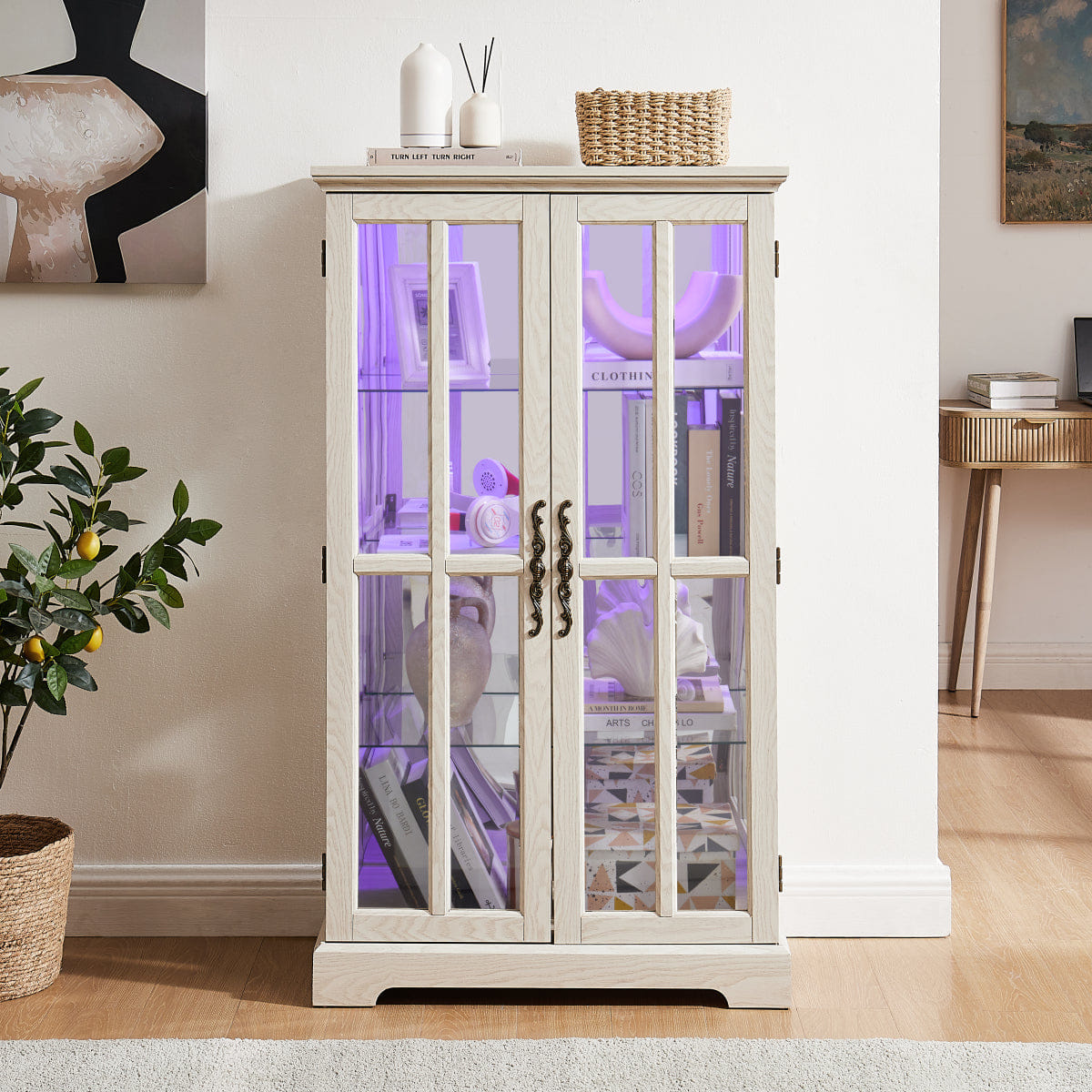 WHITE* Streamdale White Double Glass Door Tall Cabinet with RGB Lights and 3 Shelves