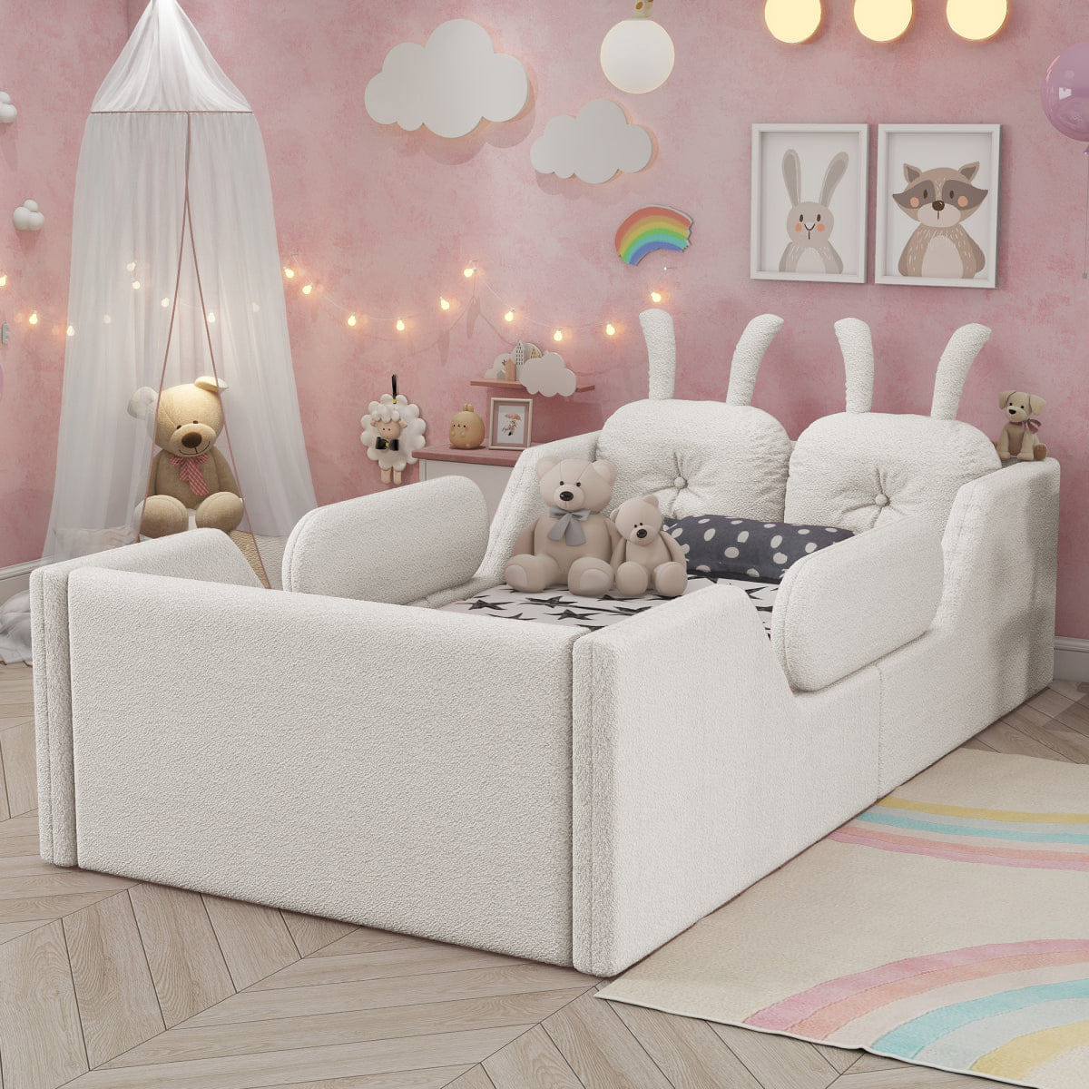 Rails Streamdale Twin Upholstered Platform Bed with Rabbit Cushion and Removable Rails, White