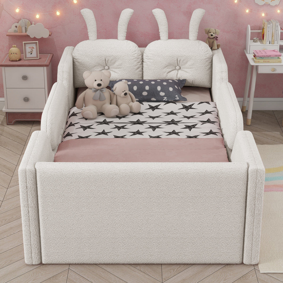 Rails Streamdale Twin Upholstered Platform Bed with Rabbit Cushion and Removable Rails, White