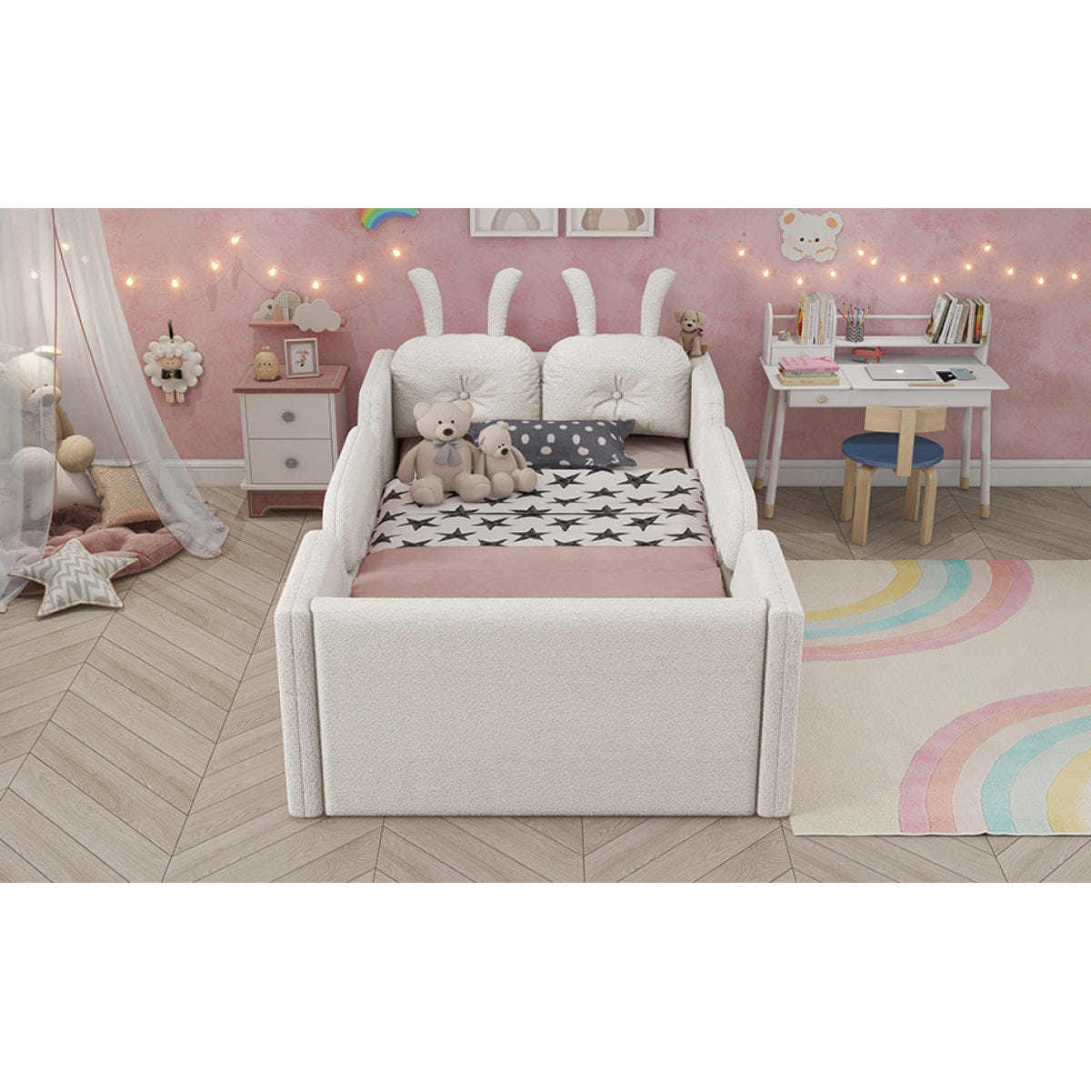 Rails Streamdale Twin Upholstered Platform Bed with Rabbit Cushion and Removable Rails, White