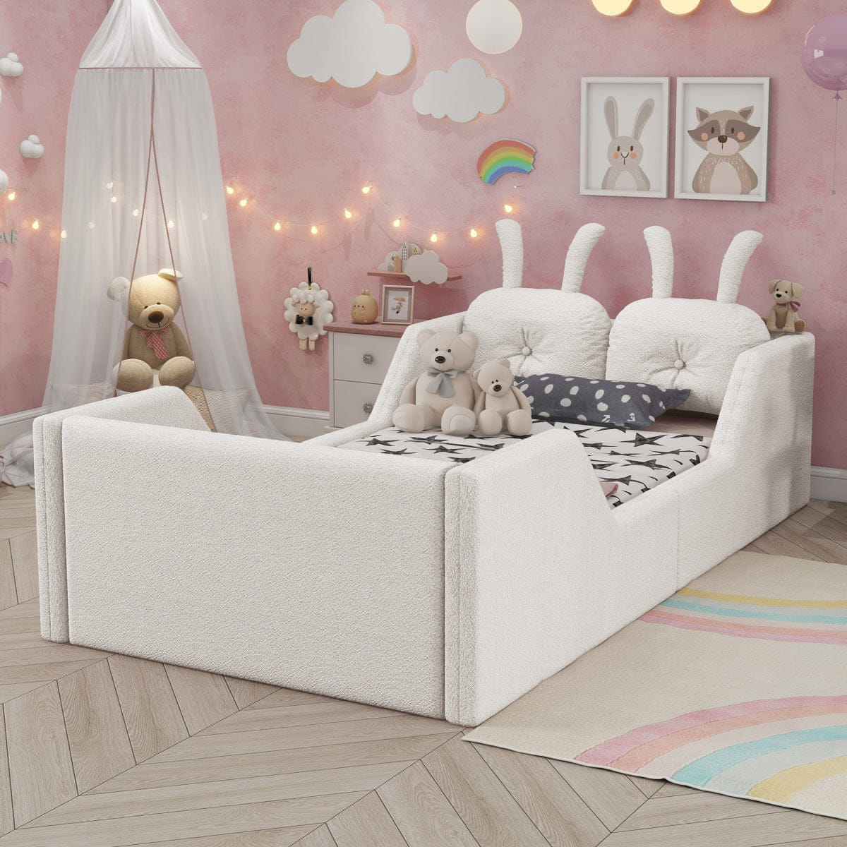 Rails Streamdale Twin Upholstered Platform Bed with Rabbit Cushion and Removable Rails, White