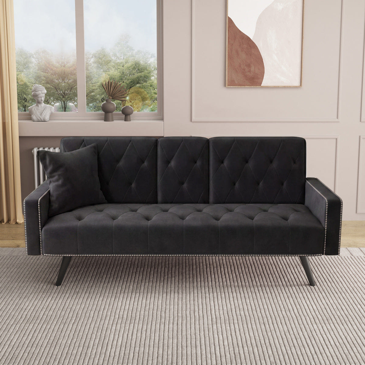 Velvet Streamdale Black Velvet 72" Sofa Bed with Nailhead Trim & Cup Holders