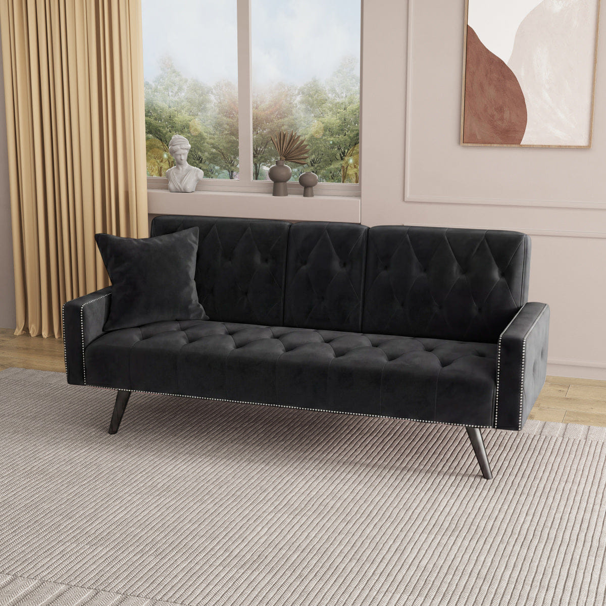 Velvet Streamdale Black Velvet 72" Sofa Bed with Nailhead Trim & Cup Holders