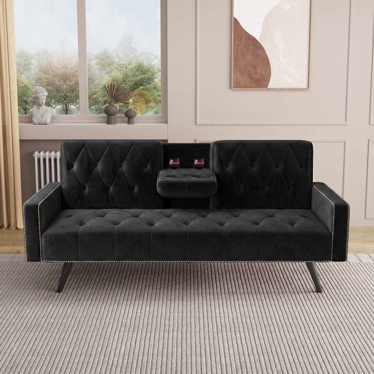 Velvet Streamdale Black Velvet 72" Sofa Bed with Nailhead Trim & Cup Holders
