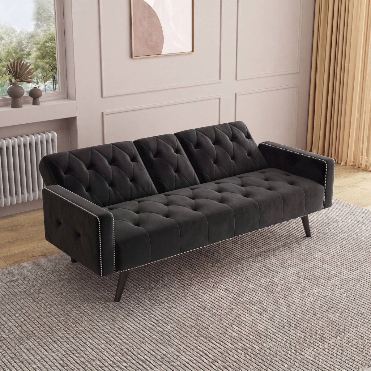 Velvet Streamdale Black Velvet 72" Sofa Bed with Nailhead Trim & Cup Holders