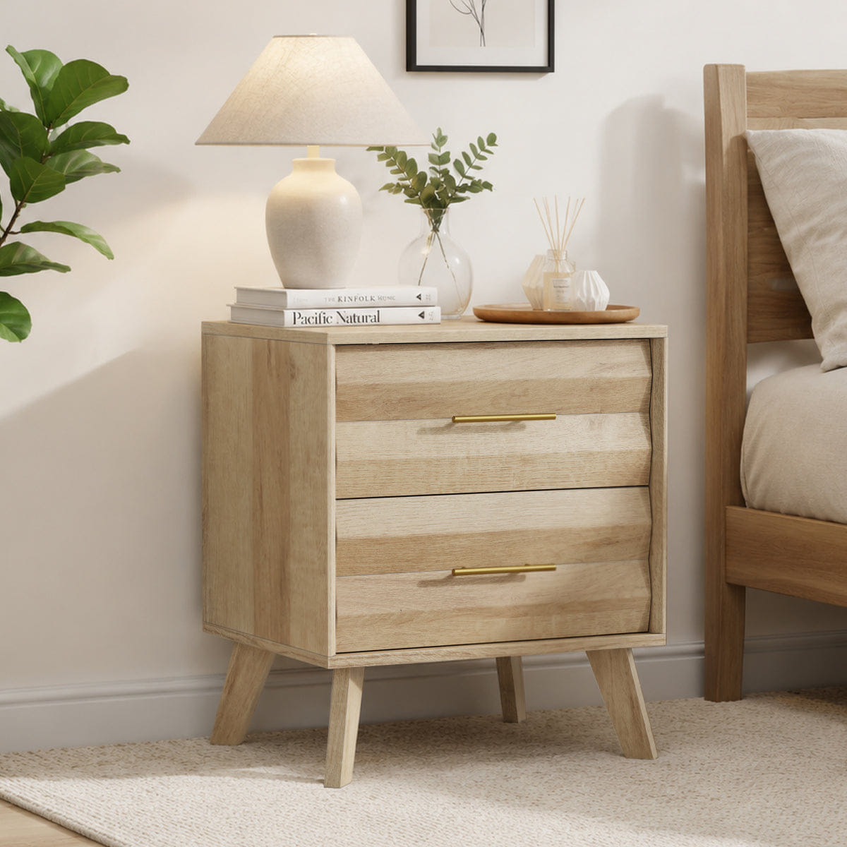 Drawer Streamdale Oak Double Drawer Medieval Modern Bedside Storage Cabinet with Metal Handles
