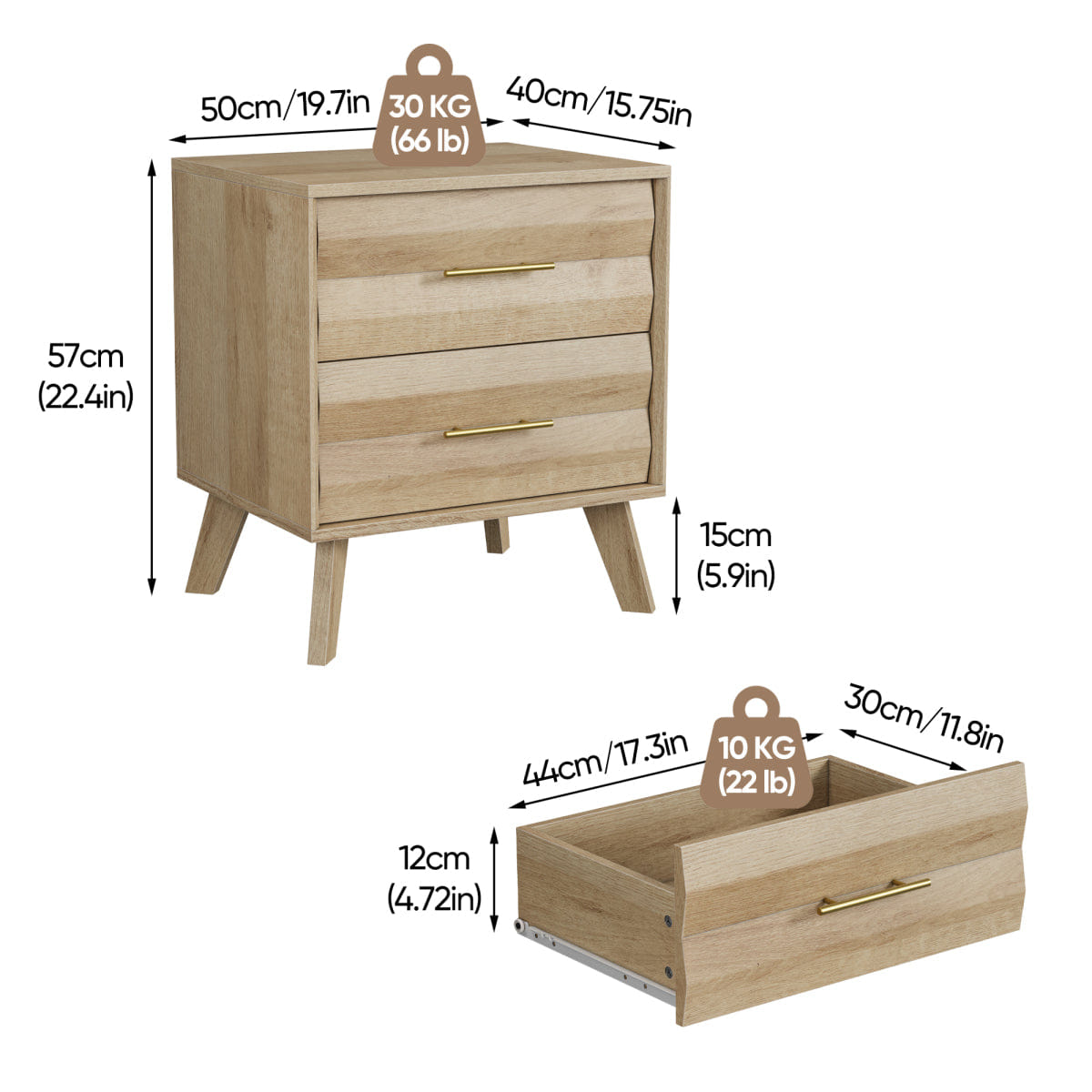 Drawer Streamdale Oak Double Drawer Medieval Modern Bedside Storage Cabinet with Metal Handles