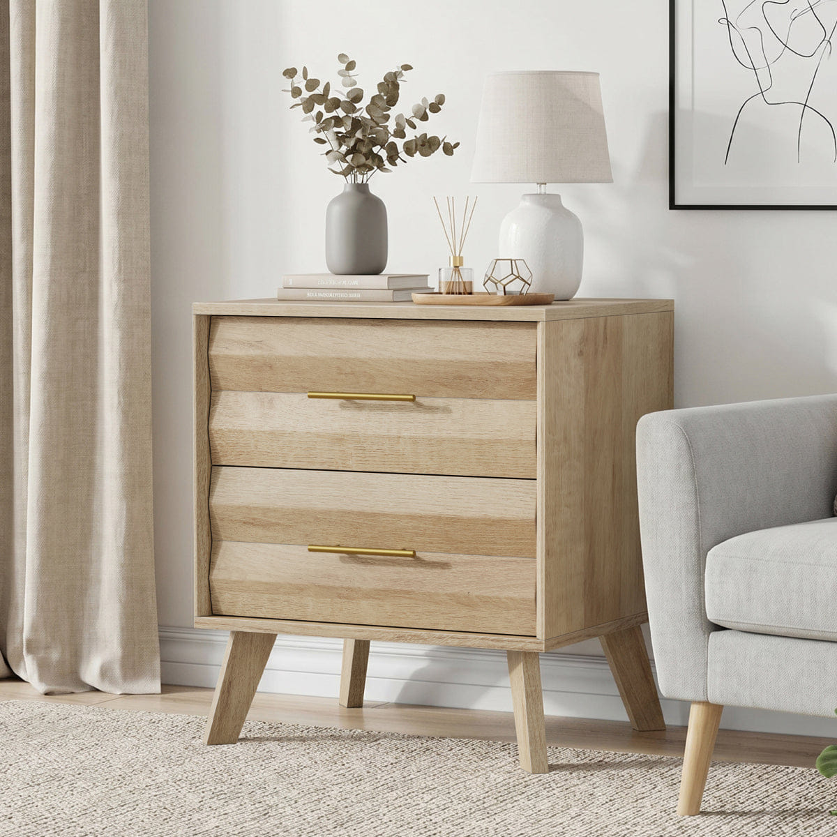 Drawer Streamdale Oak Double Drawer Medieval Modern Bedside Storage Cabinet with Metal Handles
