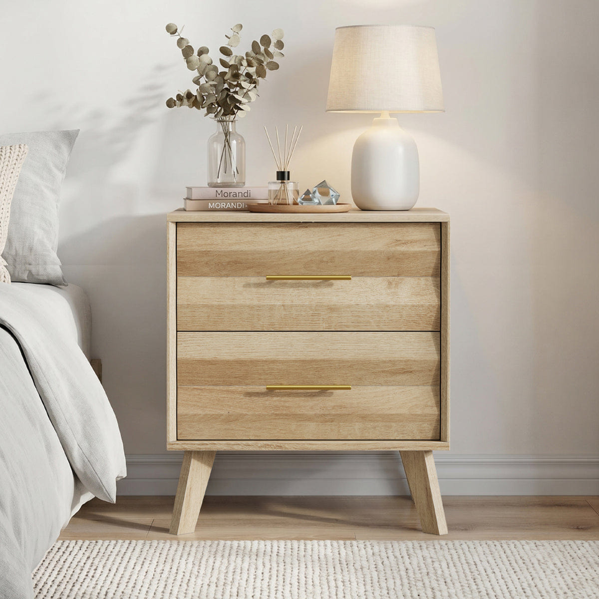 Drawer Streamdale Oak Double Drawer Medieval Modern Bedside Storage Cabinet with Metal Handles