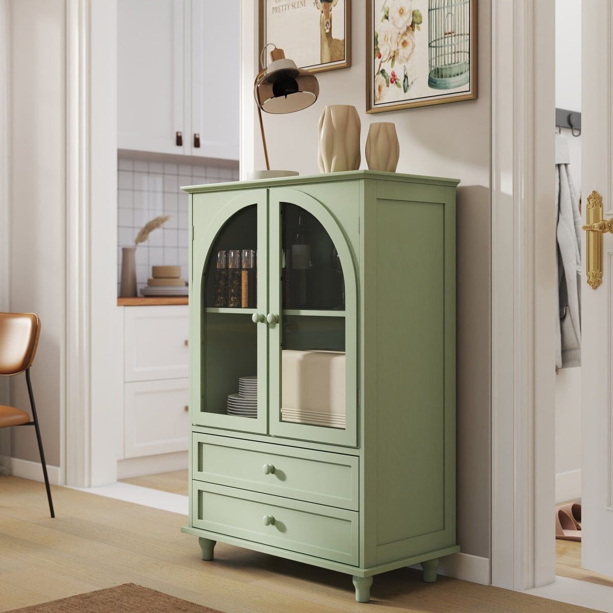 MINT Streamdale Mint Green Farmhouse Arched Glass Buffet Cabinet with Drawers