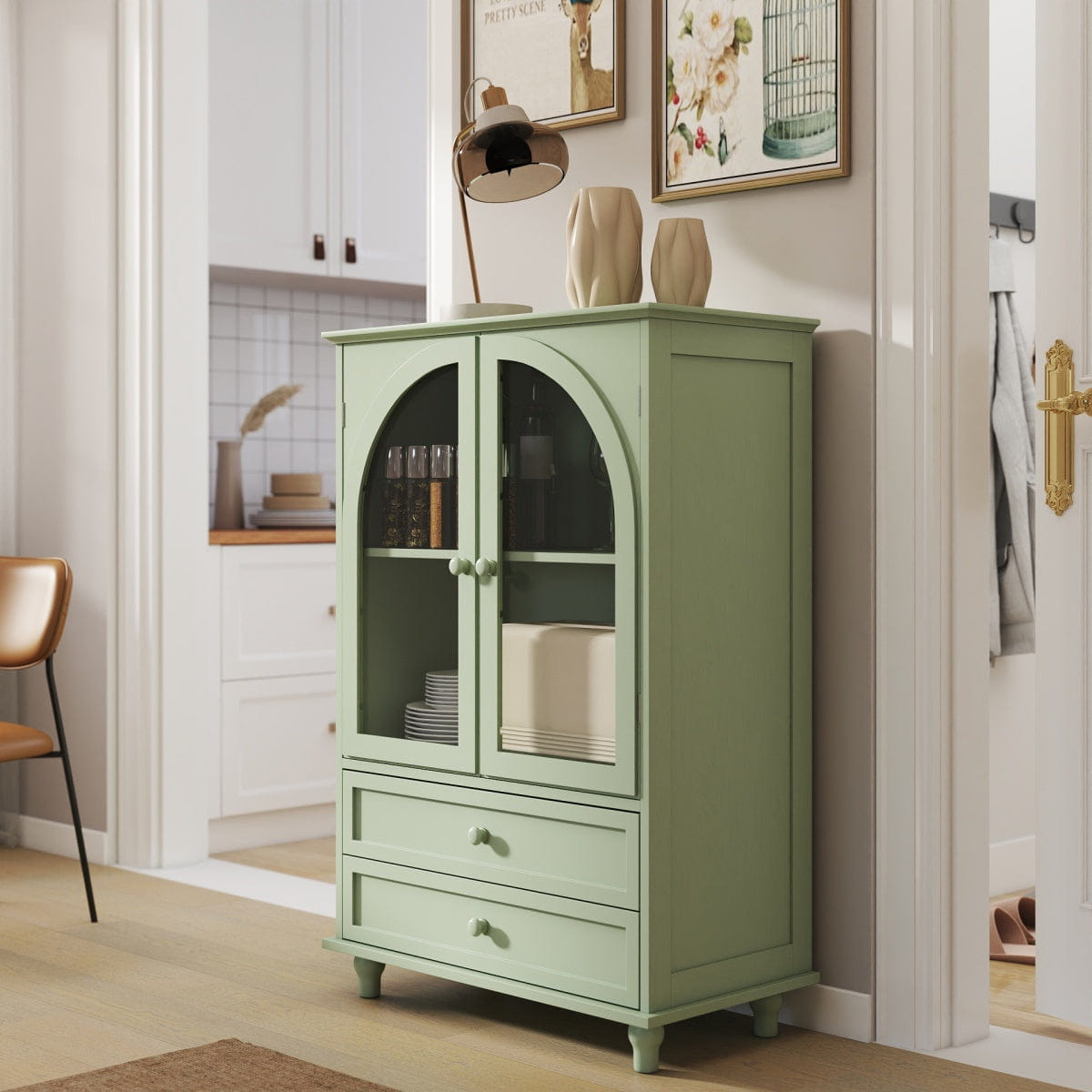 MINT Streamdale Mint Green Farmhouse Arched Glass Buffet Cabinet with Drawers