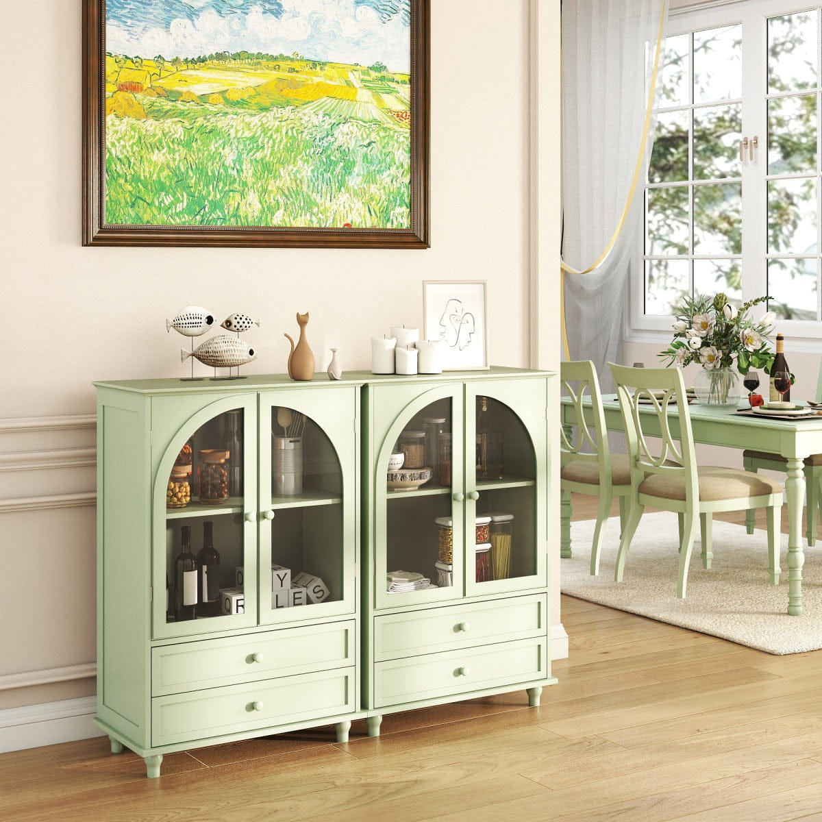 MINT Streamdale Mint Green Farmhouse Arched Glass Buffet Cabinet with Drawers
