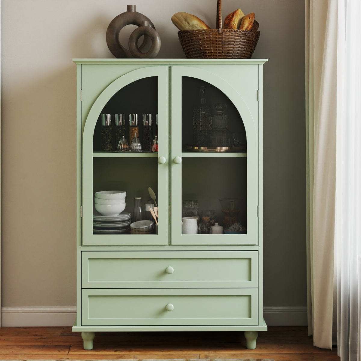 MINT Streamdale Mint Green Farmhouse Arched Glass Buffet Cabinet with Drawers