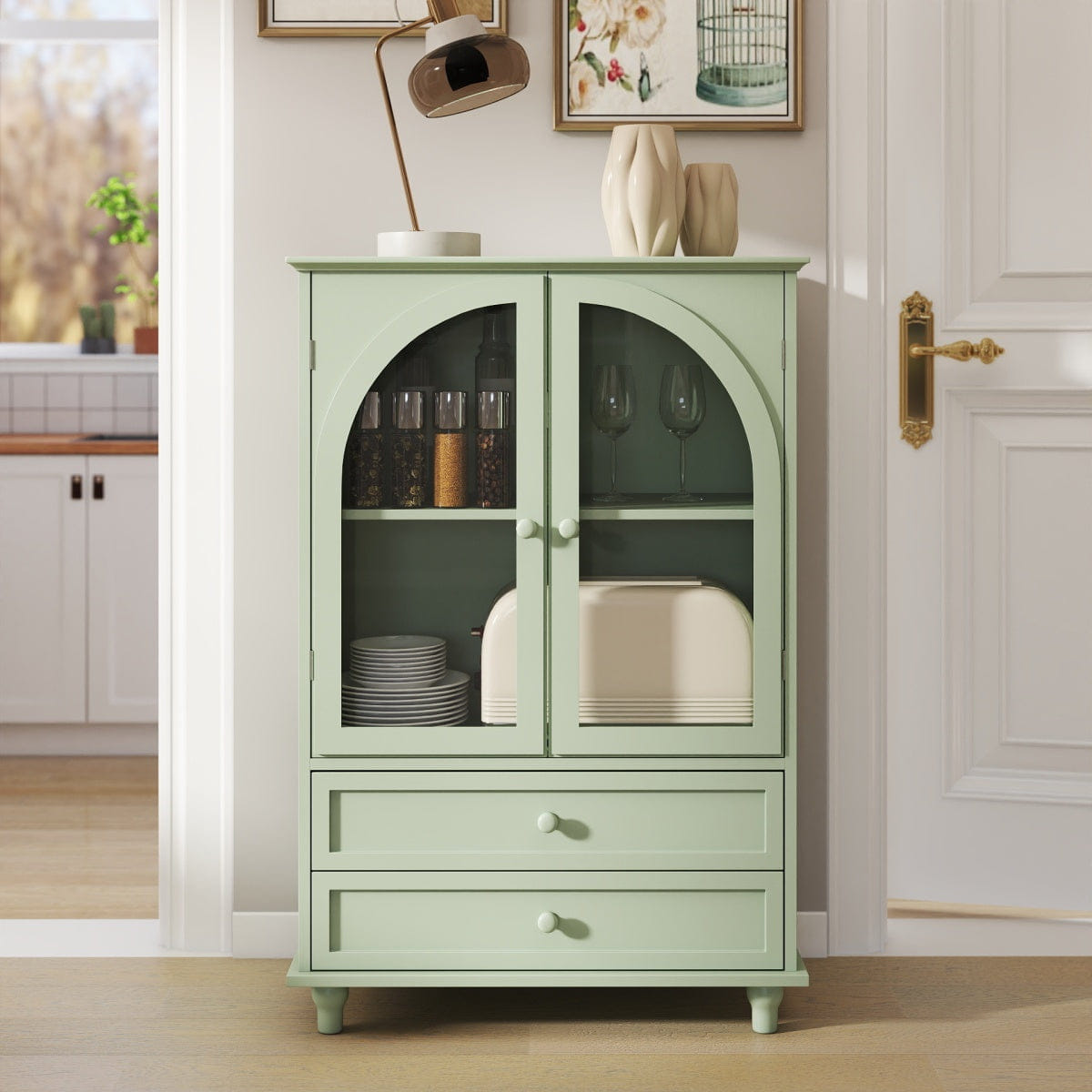 MINT Streamdale Mint Green Farmhouse Arched Glass Buffet Cabinet with Drawers