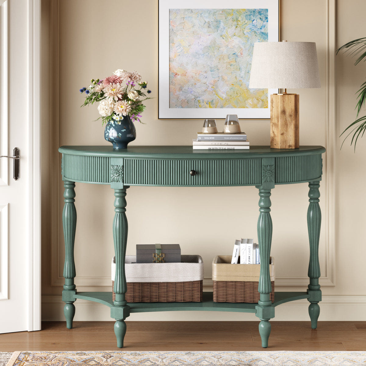 Drawer Streamdale Solid Wood Half Moon Console Table with Drawer & Shelf, Rustic Green