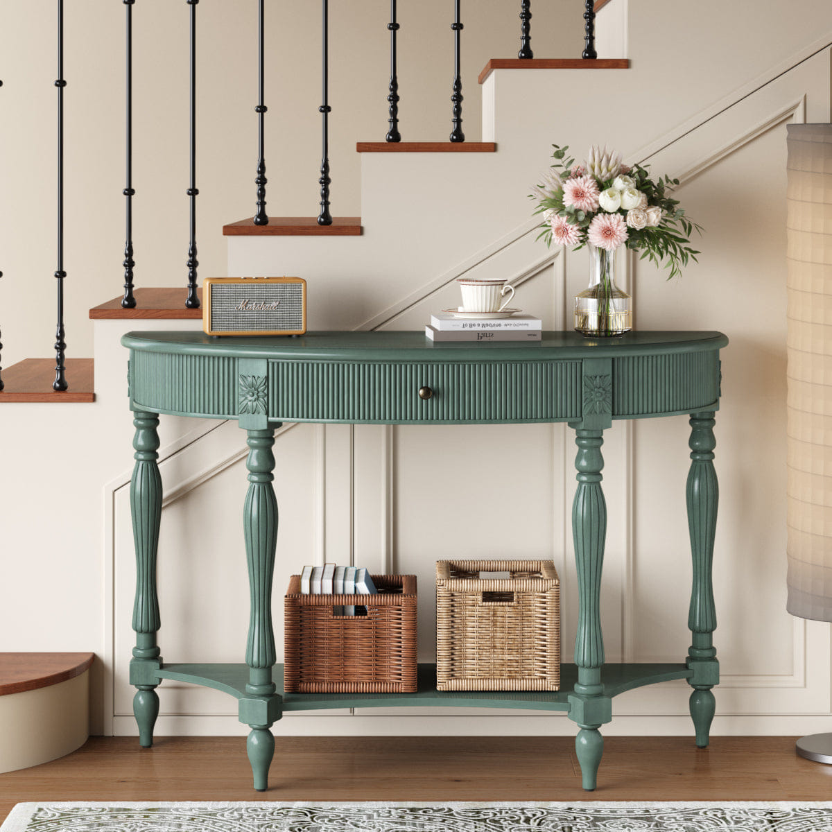 Drawer Streamdale Solid Wood Half Moon Console Table with Drawer & Shelf, Rustic Green