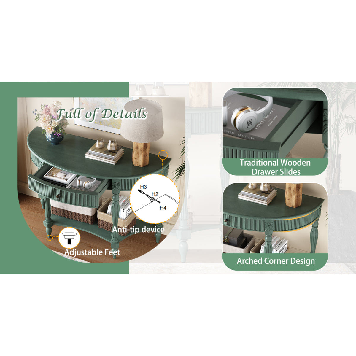 Drawer Streamdale Solid Wood Half Moon Console Table with Drawer & Shelf, Rustic Green