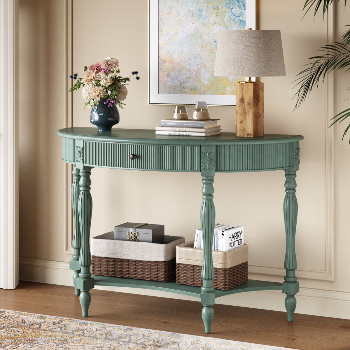 Drawer Streamdale Solid Wood Half Moon Console Table with Drawer & Shelf, Rustic Green