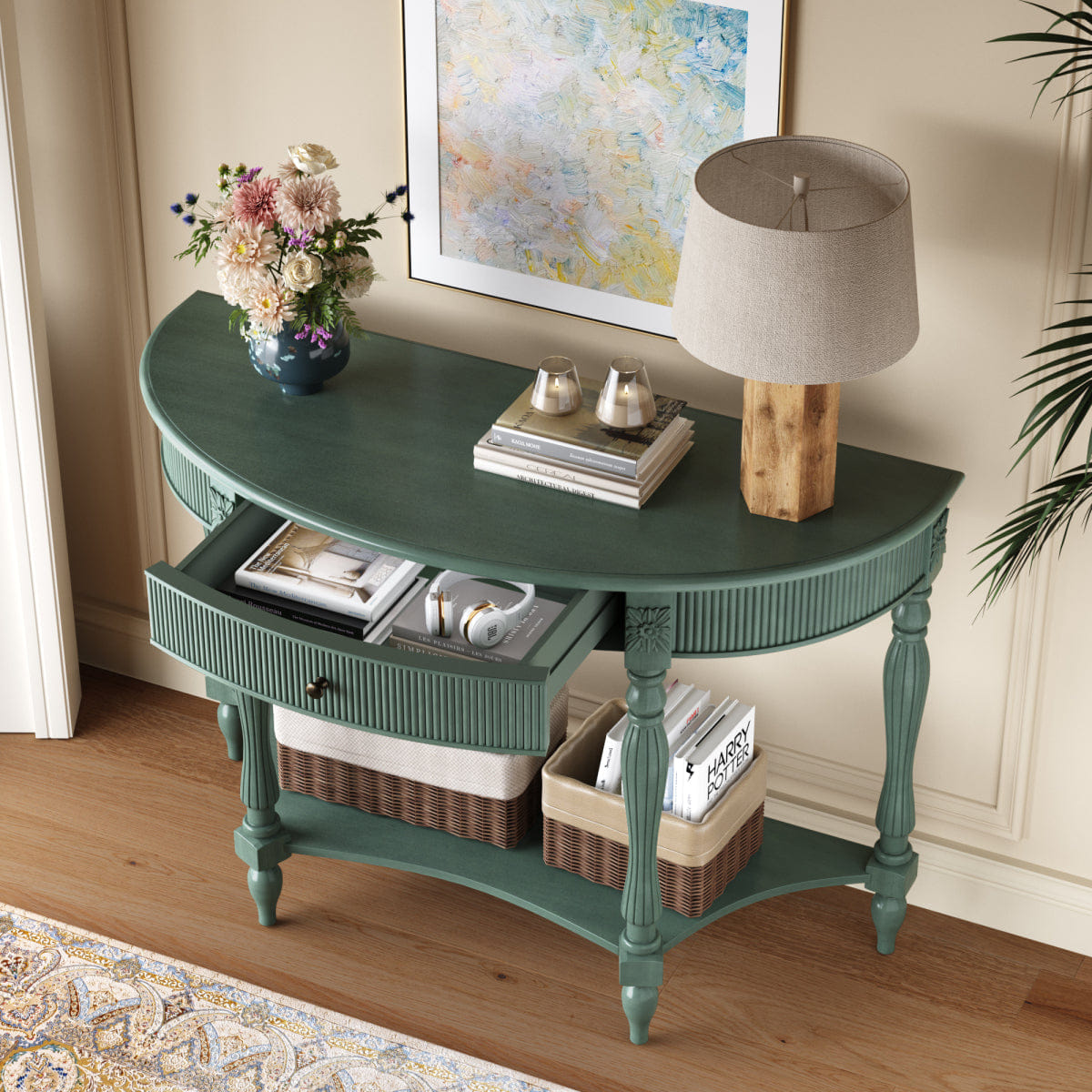 Drawer Streamdale Solid Wood Half Moon Console Table with Drawer & Shelf, Rustic Green