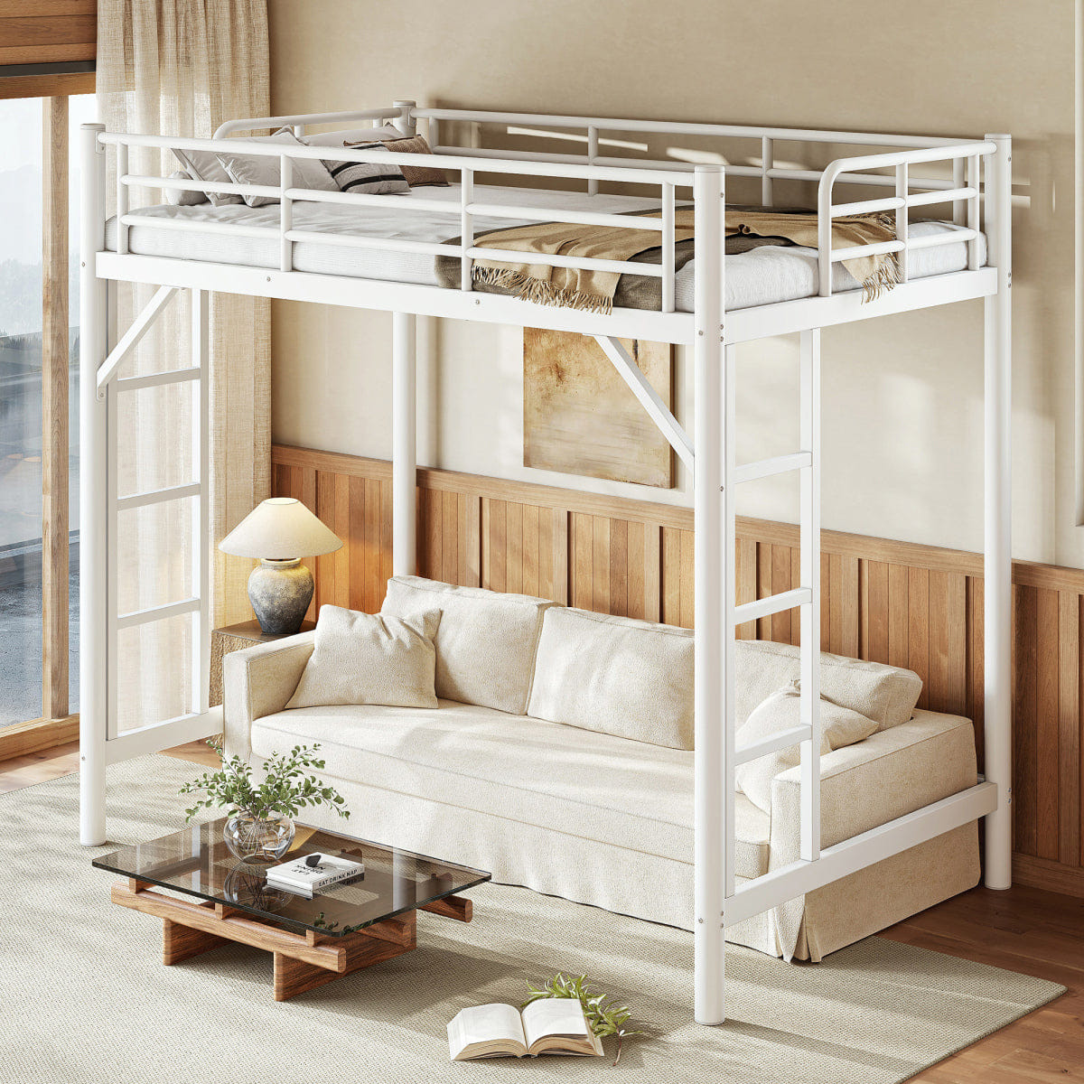 WHITE* Streamdale Twin Metal Loft Bed with Ladder and Guardrails, White