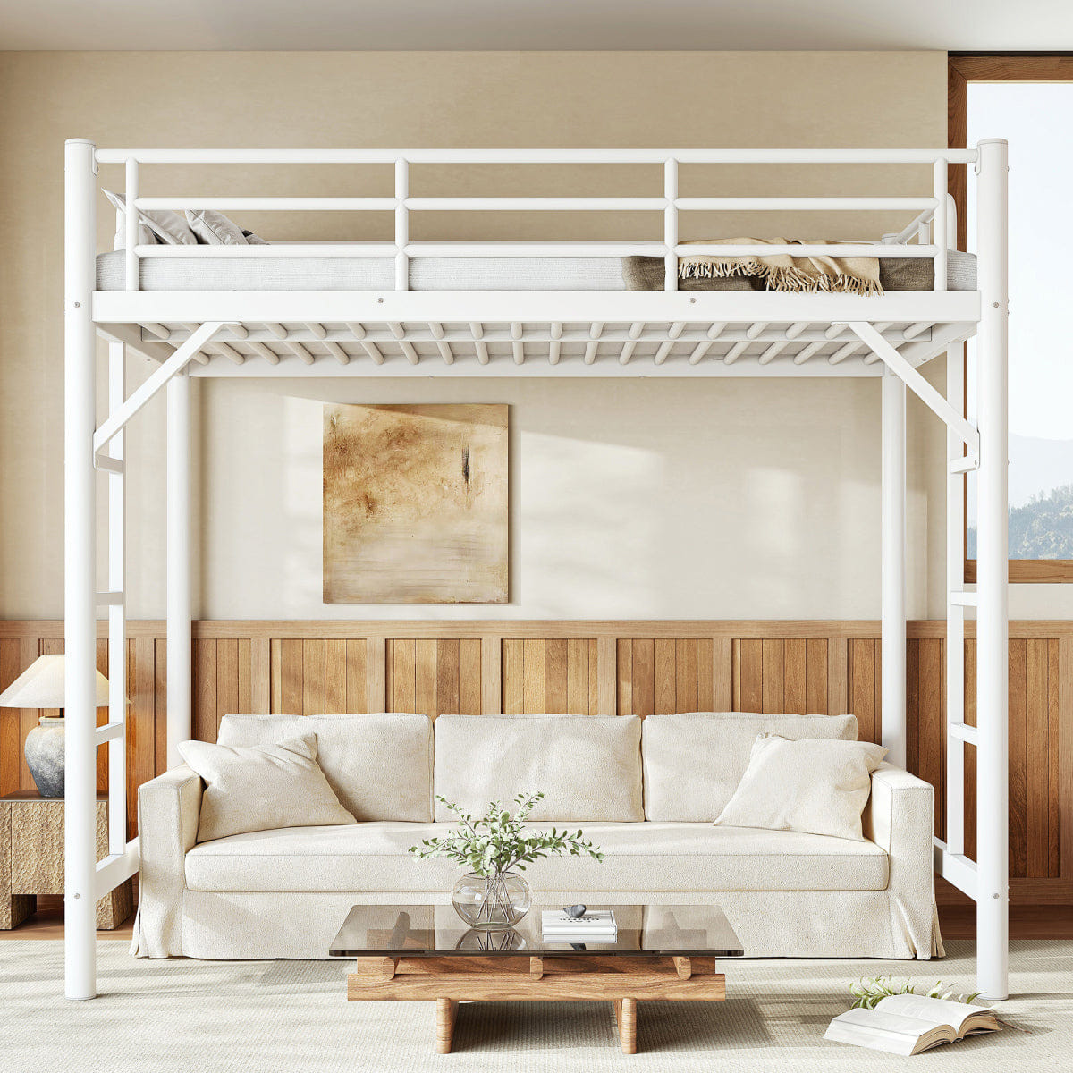 WHITE* Streamdale Twin Metal Loft Bed with Ladder and Guardrails, White