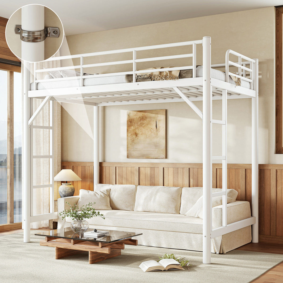 WHITE* Streamdale Twin Metal Loft Bed with Ladder and Guardrails, White