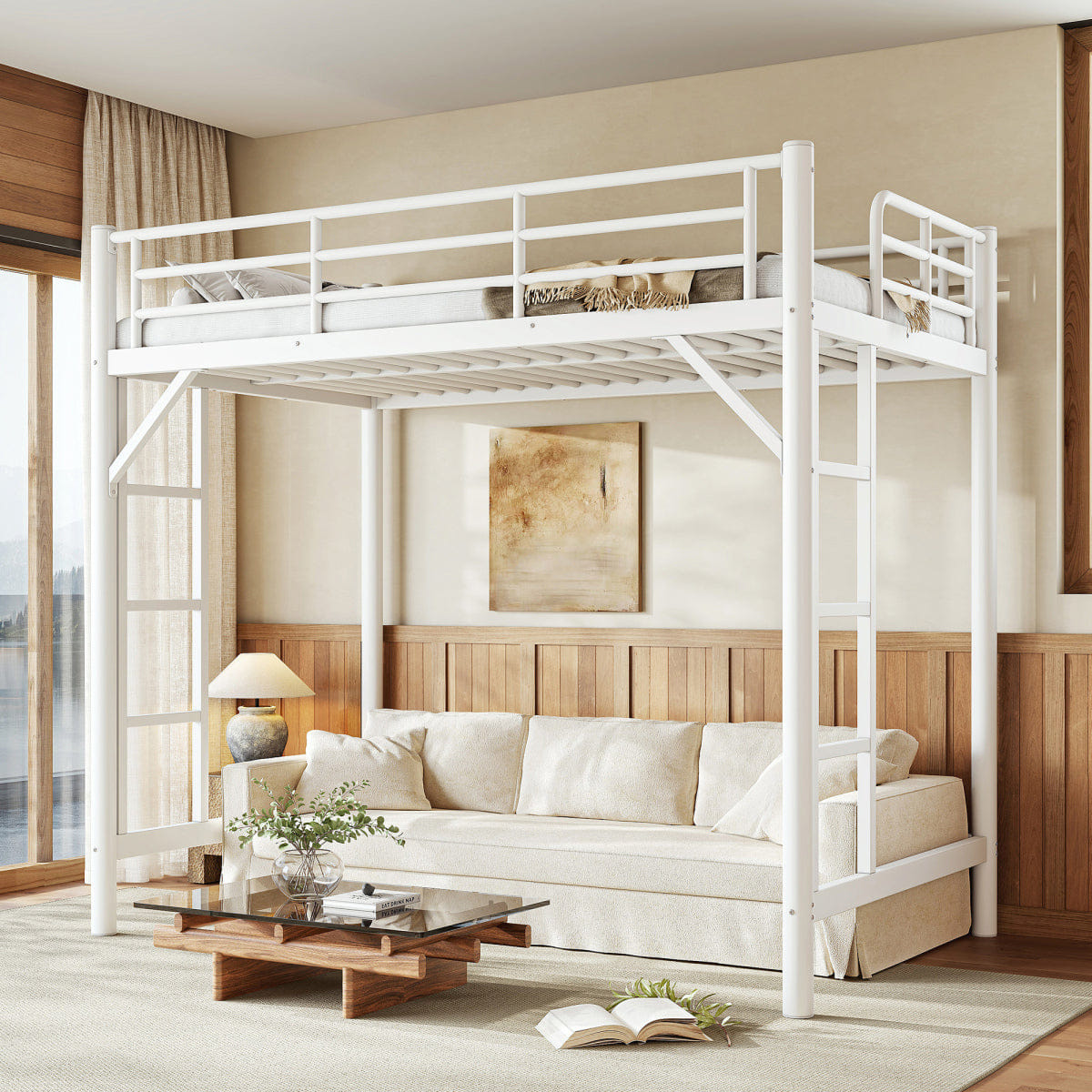 WHITE* Streamdale Twin Metal Loft Bed with Ladder and Guardrails, White