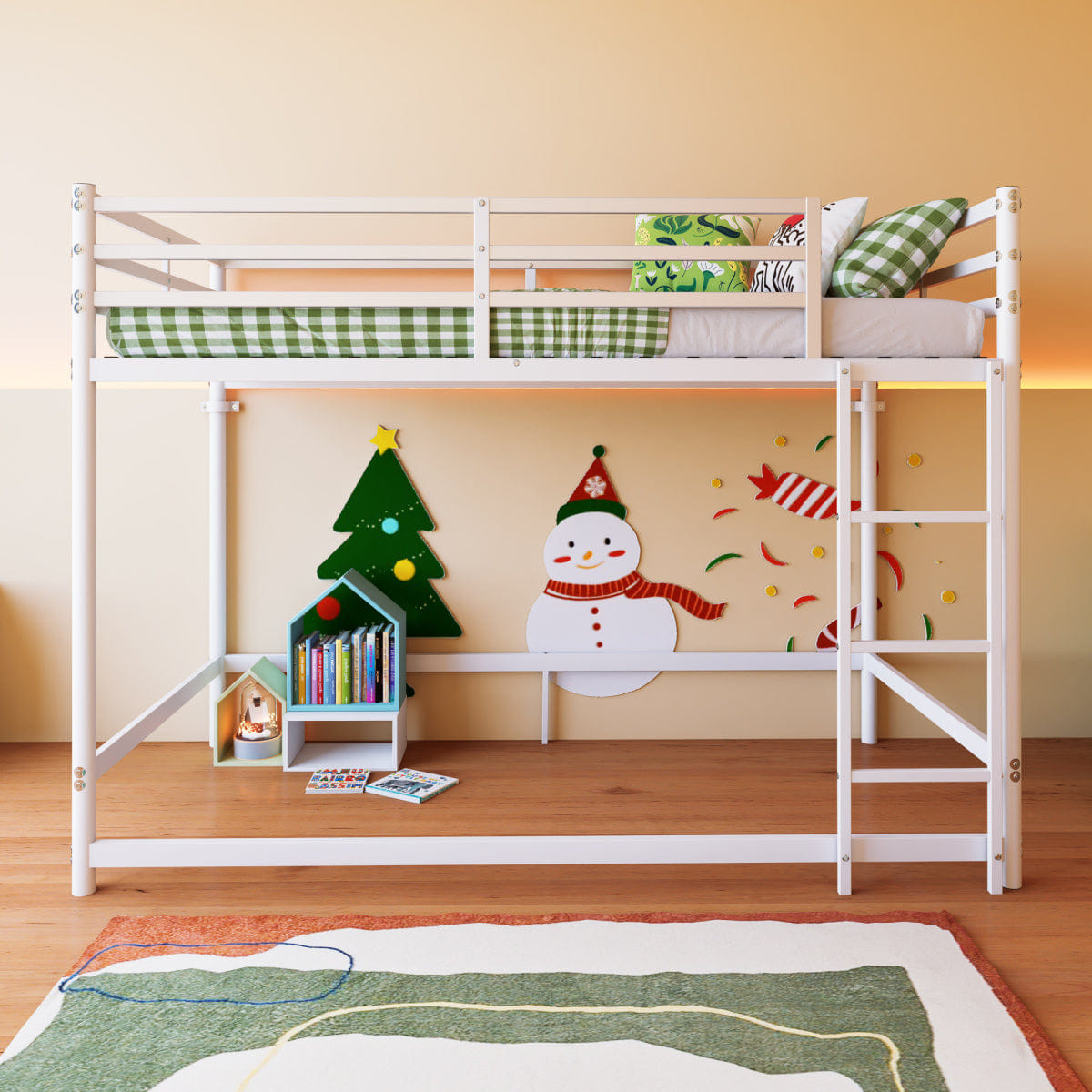 WHITE* Streamdale Metal Twin Over Twin Bunk Bed with Ladder, Guardrails and Storage, White