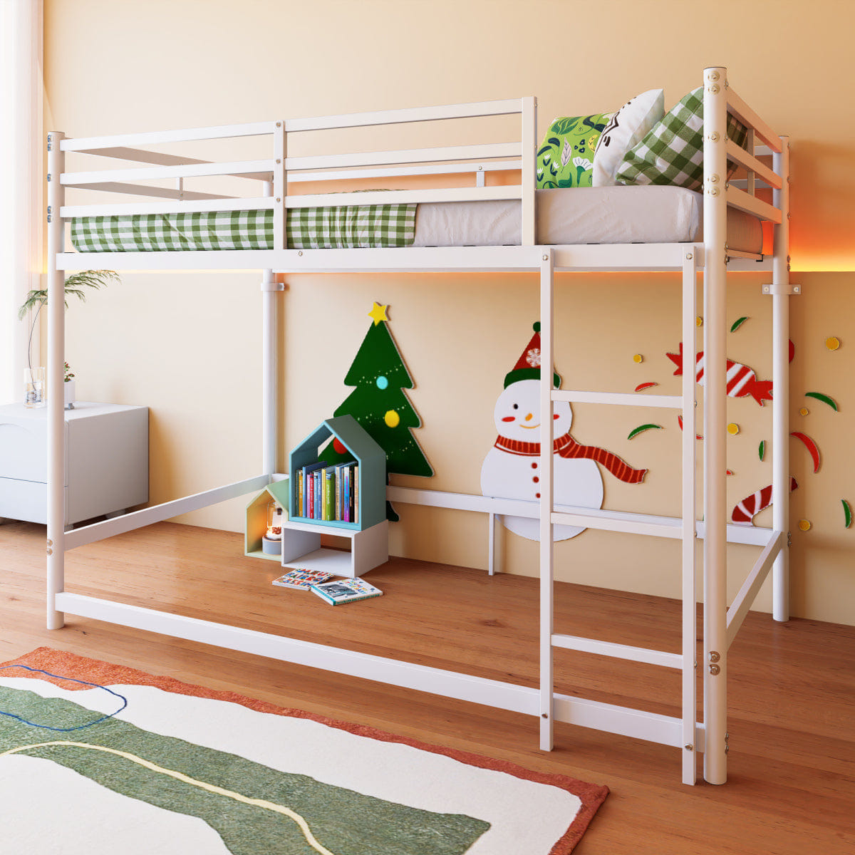 WHITE* Streamdale Metal Twin Over Twin Bunk Bed with Ladder, Guardrails and Storage, White