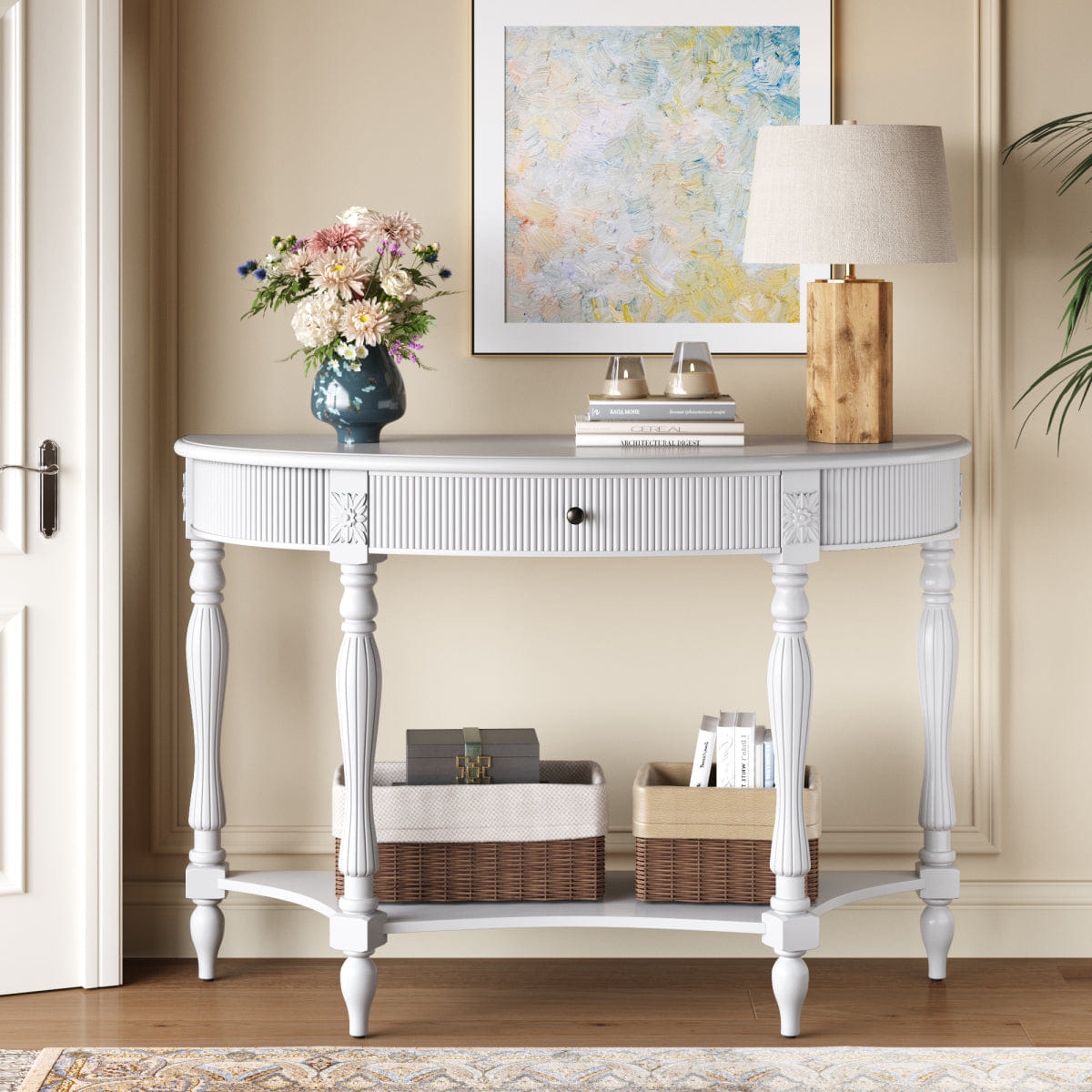Drawer Streamdale Solid Wood Half Moon Console Table with Drawer and Shelf, White