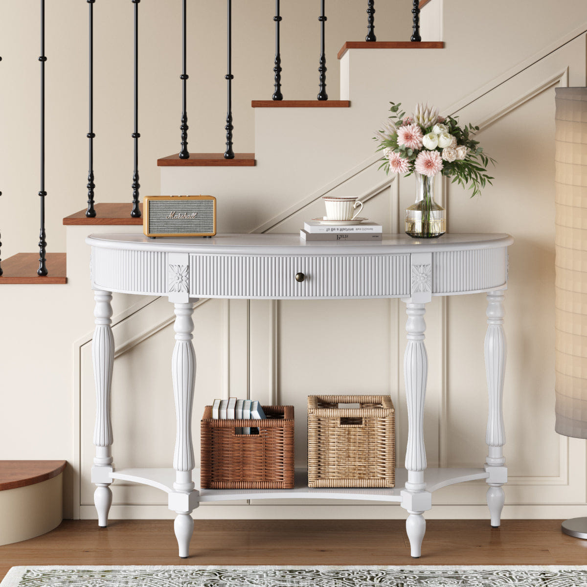 Drawer Streamdale Solid Wood Half Moon Console Table with Drawer and Shelf, White