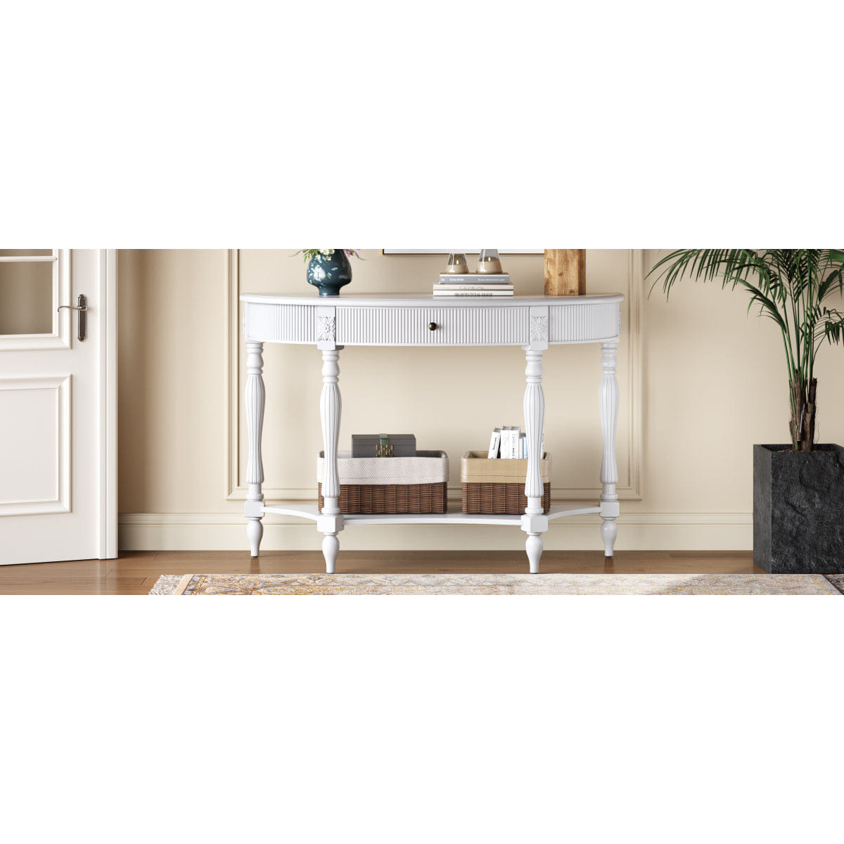 Drawer Streamdale Solid Wood Half Moon Console Table with Drawer and Shelf, White