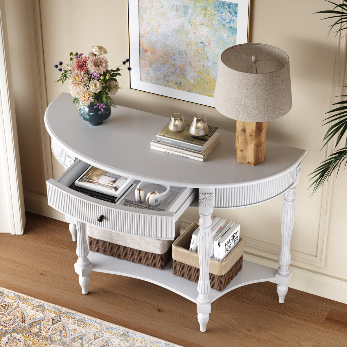 Drawer Streamdale Solid Wood Half Moon Console Table with Drawer and Shelf, White