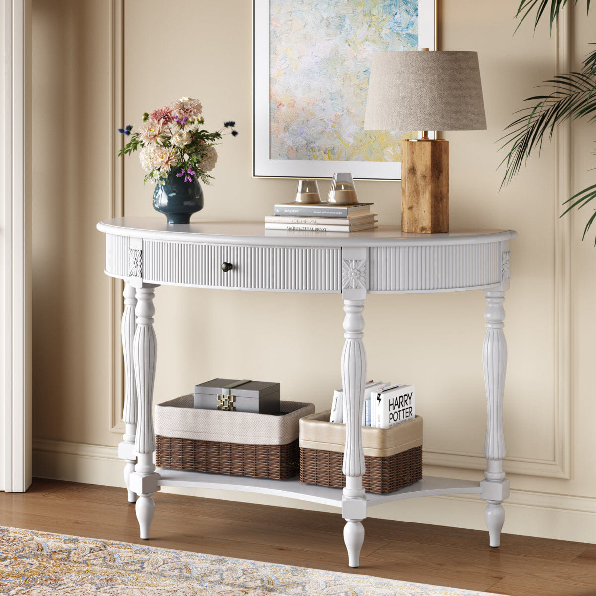 Drawer Streamdale Solid Wood Half Moon Console Table with Drawer and Shelf, White