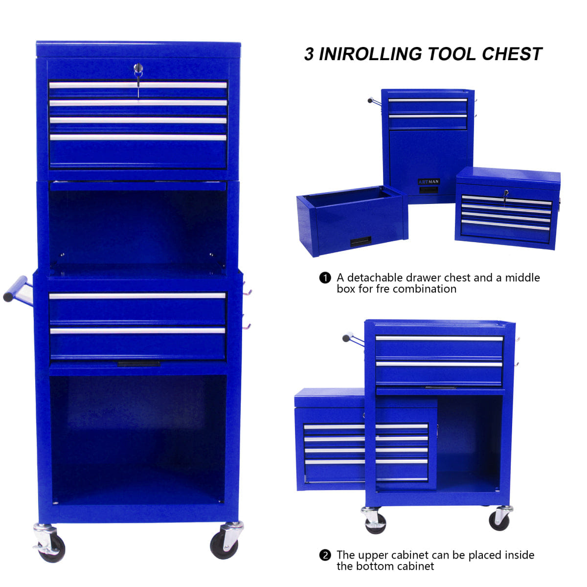 Drawer Streamdale 6 - Drawer Rolling Tool Chest & Detachable Storage Cabinet, Blue