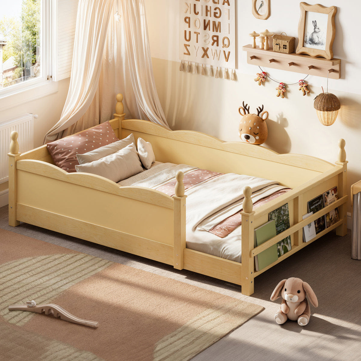 FLOOR Streamdale Twin Floor Bed with Guardrails & Bookshelf
