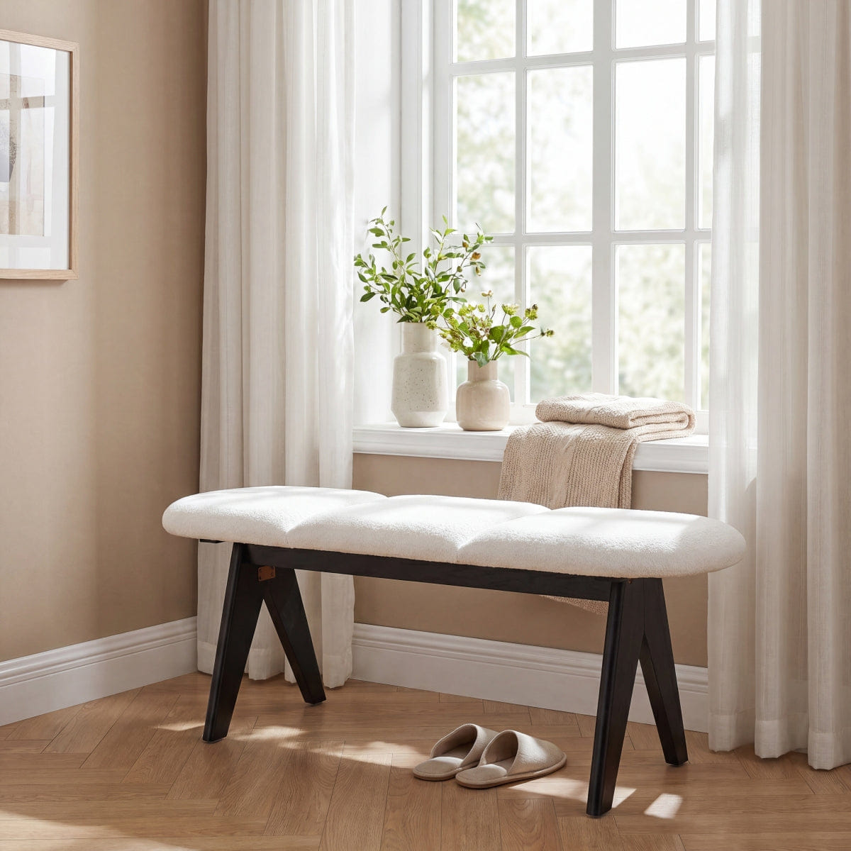 WHITE* Streamdale Upholstered 53" Entryway Bench with White Fabric and Black Legs