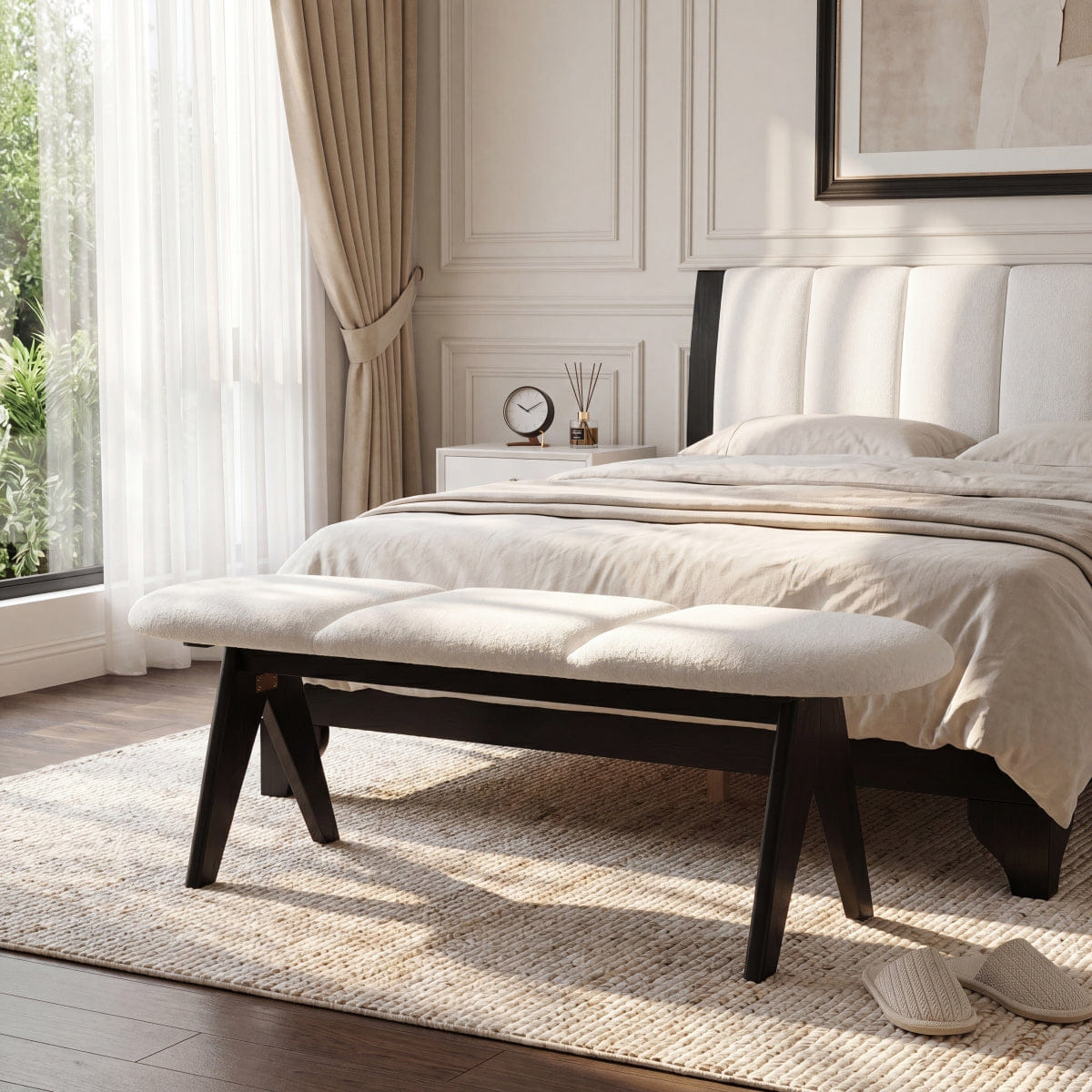 WHITE* Streamdale Upholstered 53" Entryway Bench with White Fabric and Black Legs