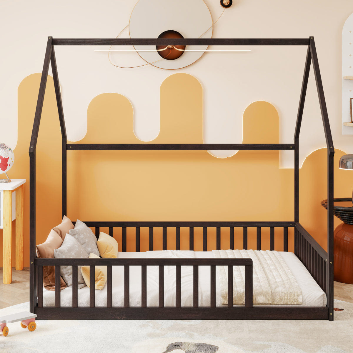 FLOOR Streamdale Full Size House Floor Bed with Roof, Guardrails, Espresso