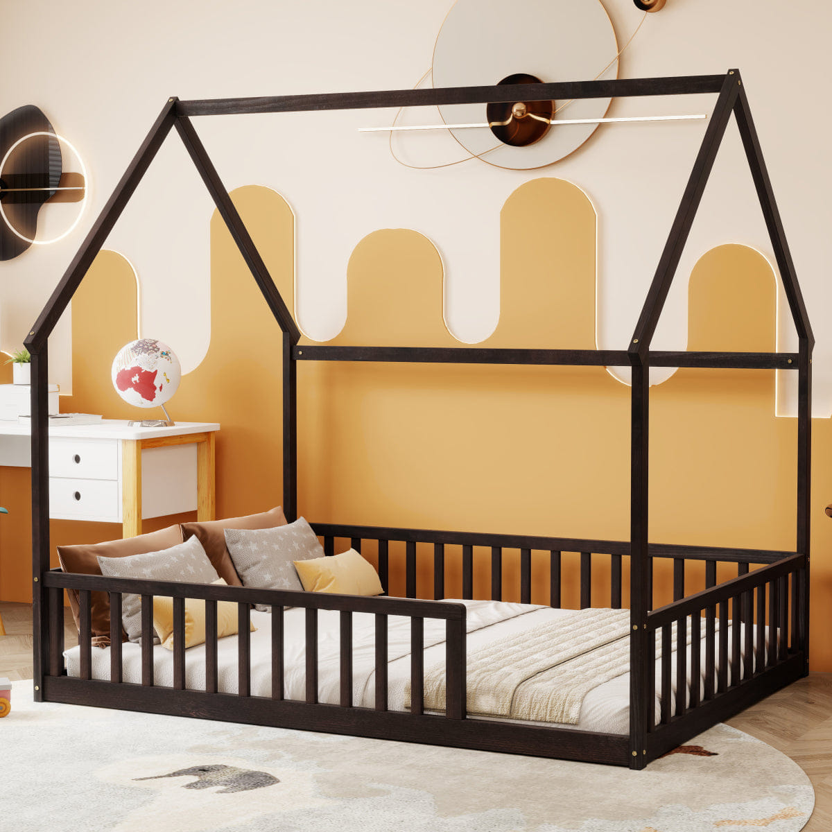 FLOOR Streamdale Full Size House Floor Bed with Roof, Guardrails, Espresso