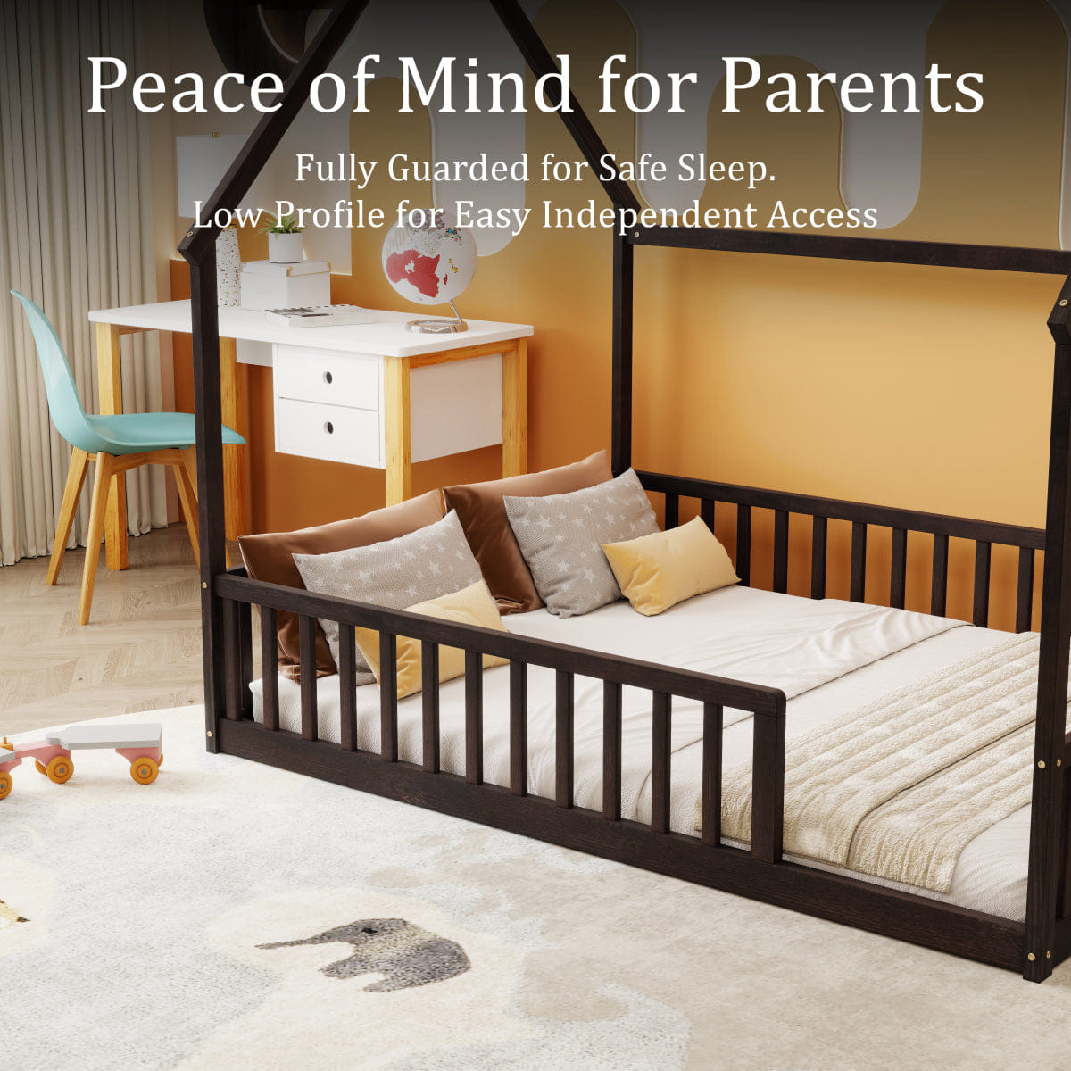 FLOOR Streamdale Full Size House Floor Bed with Roof, Guardrails, Espresso