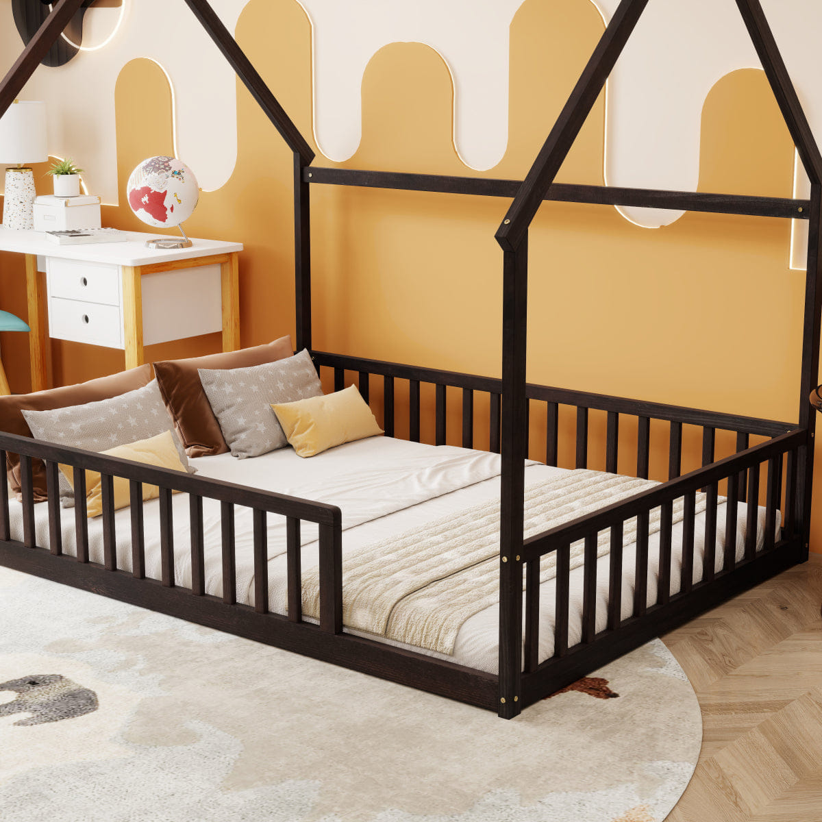 FLOOR Streamdale Full Size House Floor Bed with Roof, Guardrails, Espresso