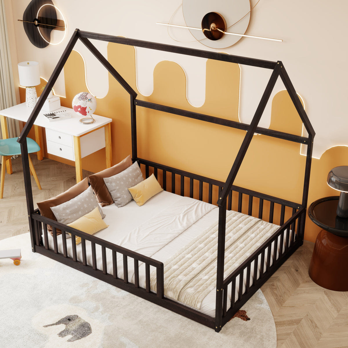 FLOOR Streamdale Full Size House Floor Bed with Roof, Guardrails, Espresso