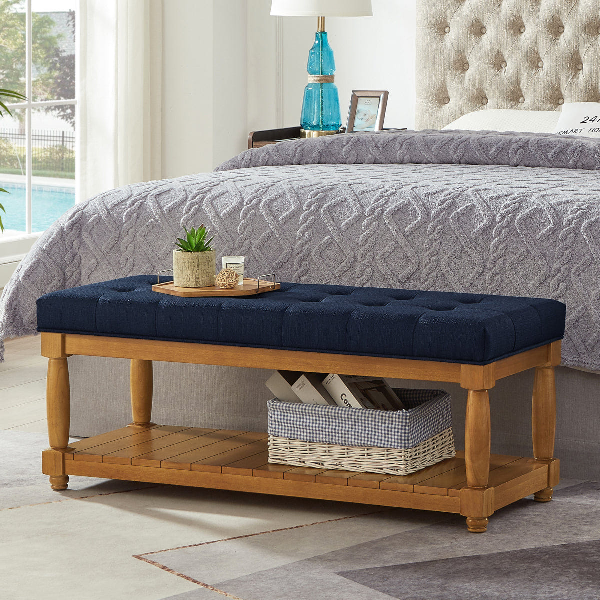 Blue Streamdale Upholstered Linen Tufted Storage Bench with Shelf, Navy Blue