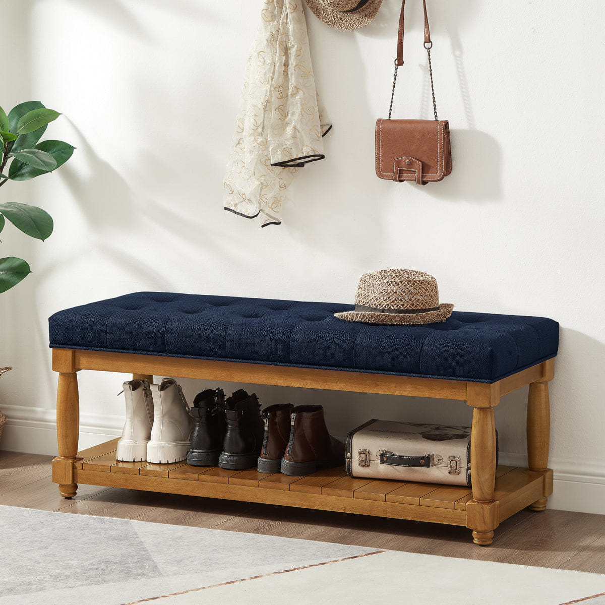 Blue Streamdale Upholstered Linen Tufted Storage Bench with Shelf, Navy Blue