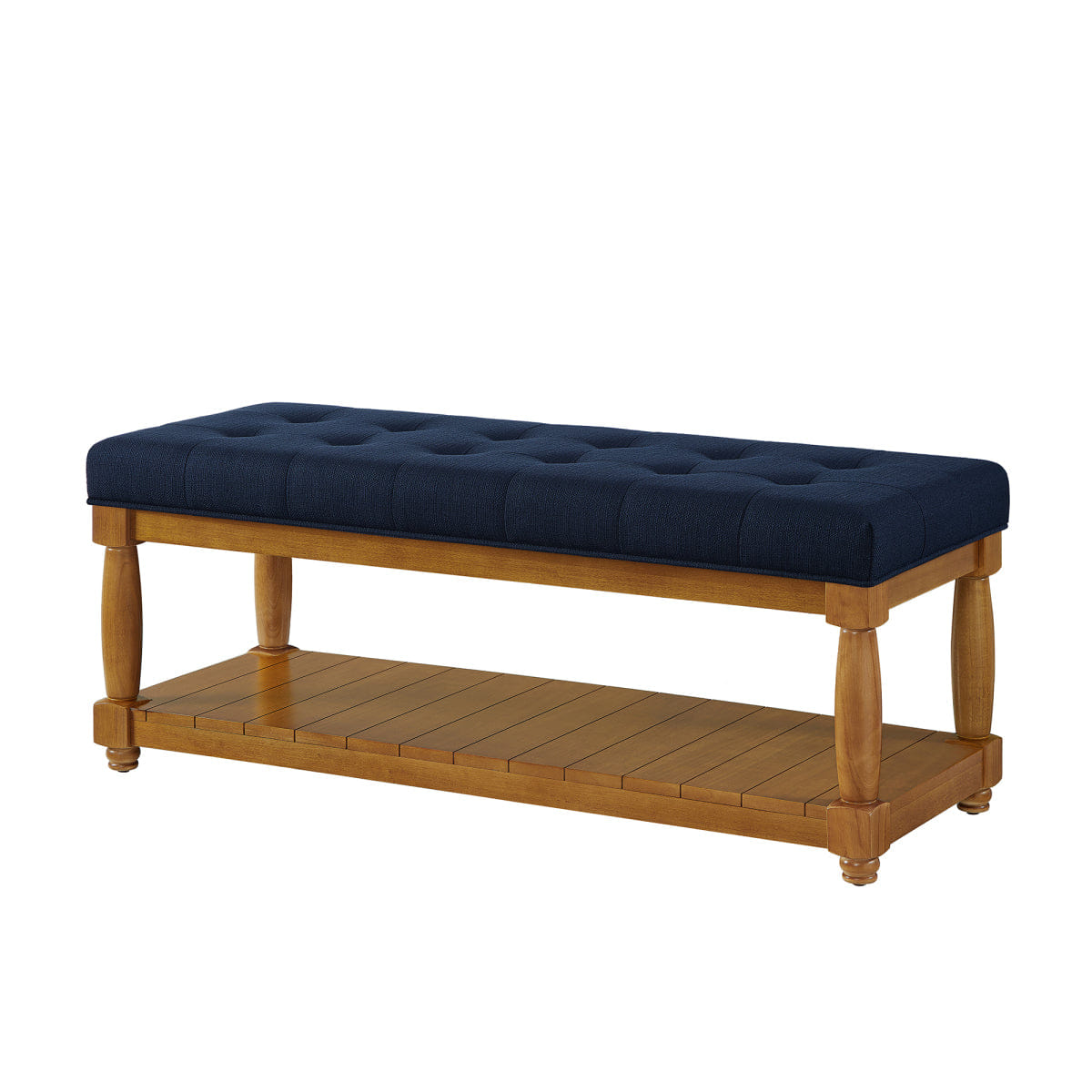 Blue Streamdale Upholstered Linen Tufted Storage Bench with Shelf, Navy Blue